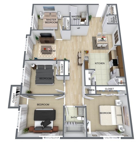 Floor plan for 4 beds, 2 baths, 1366 sqft